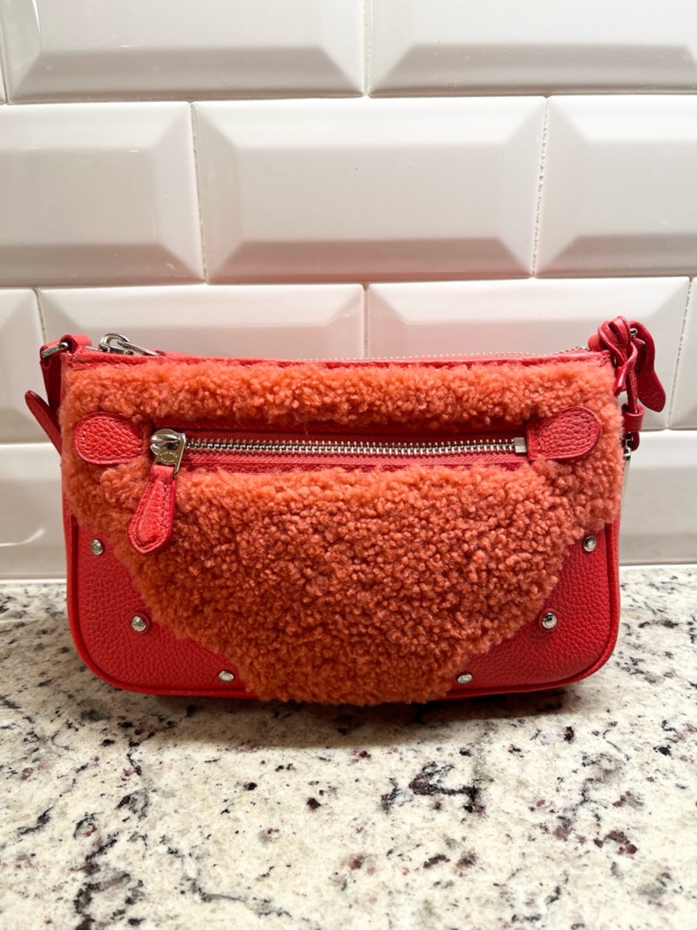Coach Small Ryder Pochette in Shearling & Pebbled Leather Crossbody Bag  EUC